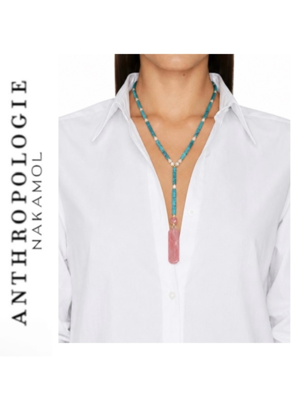 NWT Anthropologie x Nakamol Sea Breeze Turquoise and Rose Quartz Beaded Necklace